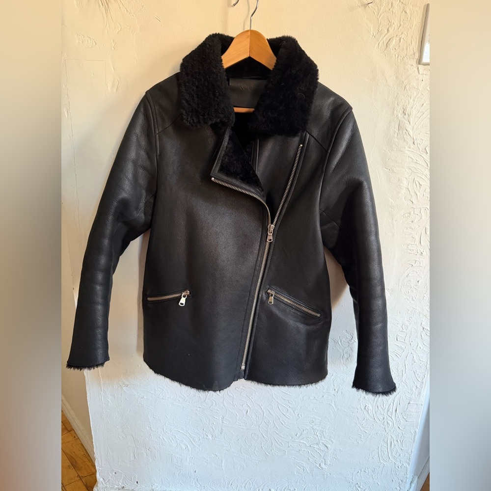 Kookai Black Leather Jacket with Shearling Collar